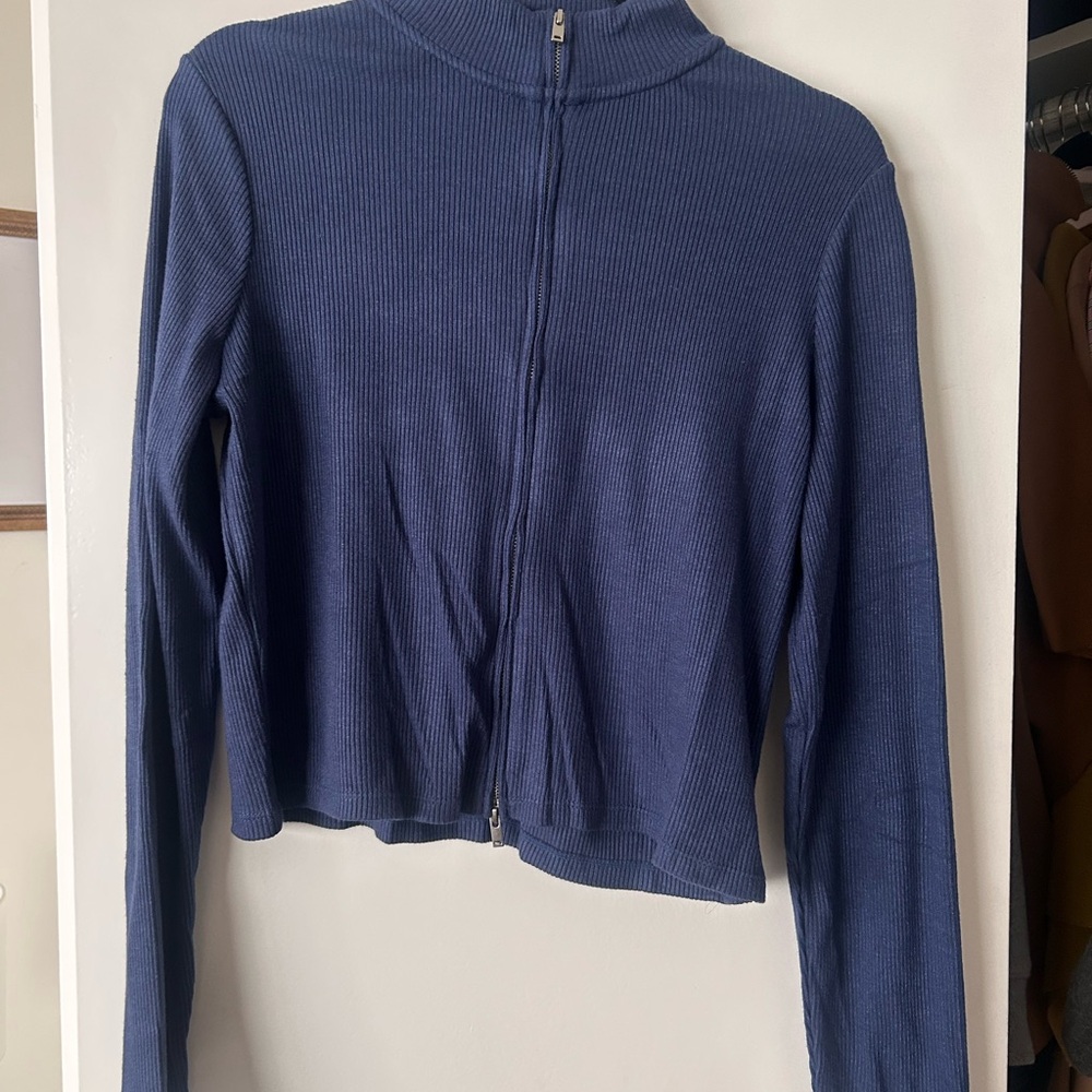 Mango Navy Ribbed Zip-Up Top - Picture 2 of 3